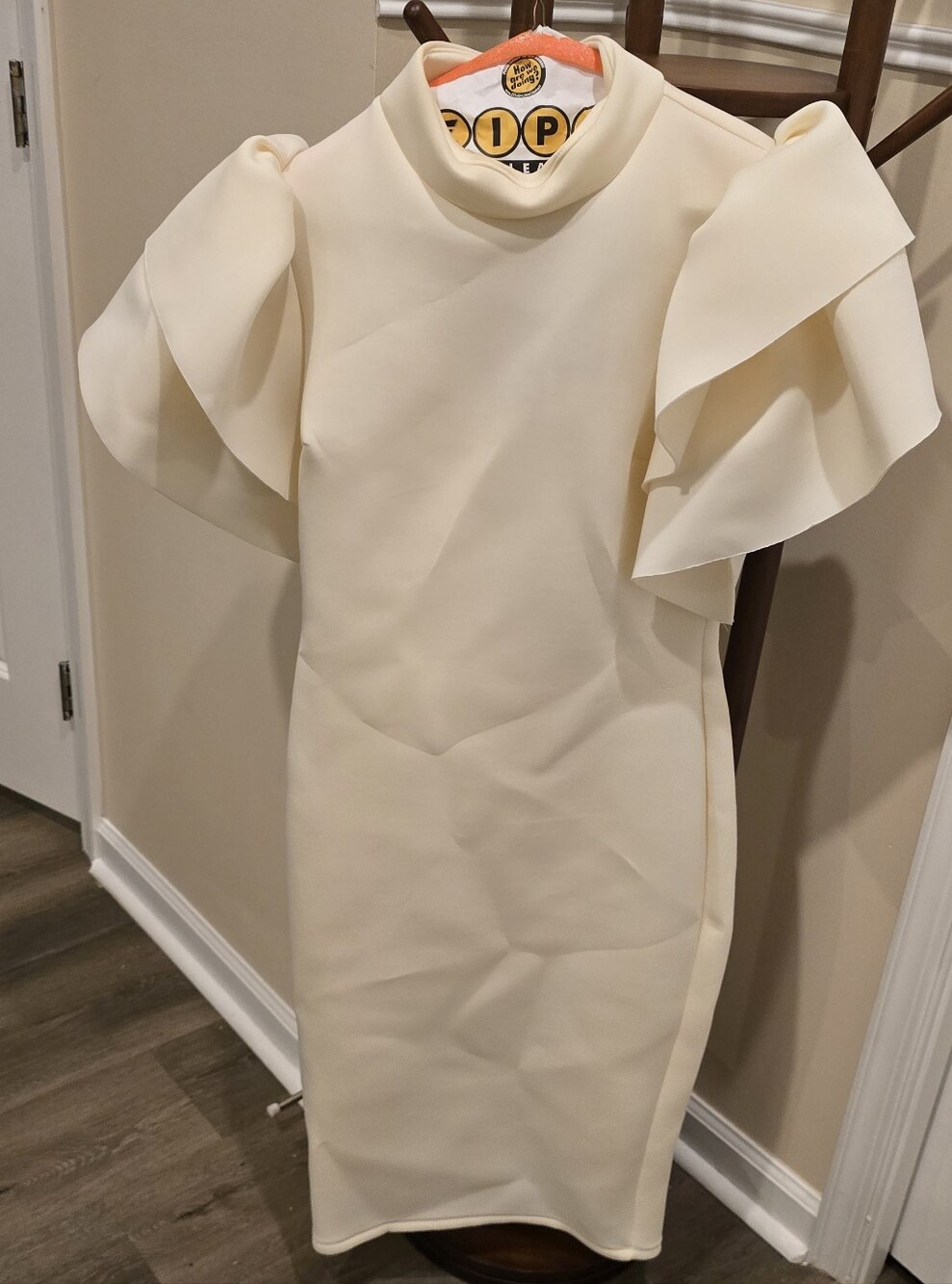 Eleganzarella Cream Ivory Mock Neck Open Back Ruffle Sleeve Midi Dress - Size L
